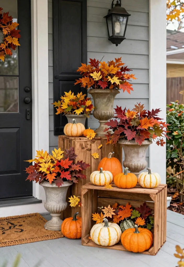 14 Fall Urns for Front Porch That Last Through First Frost - 11. Festive Wood Crate with Fall Urns 1