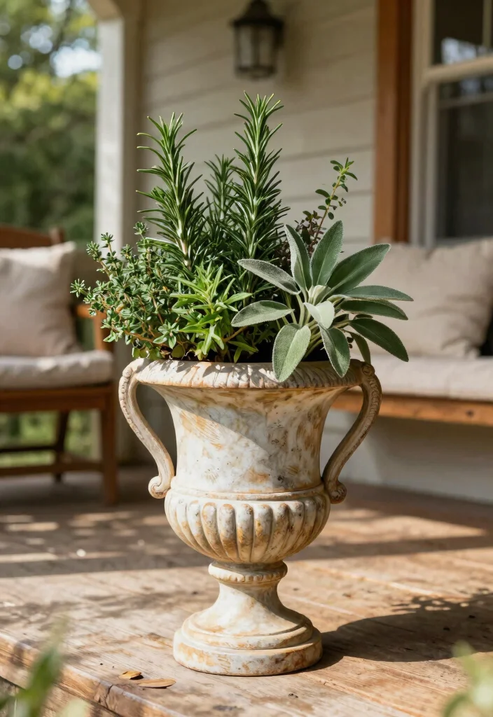 14 Fall Urns for Front Porch That Last Through First Frost - 12. Creative Urn with Seasonal Herbs 1