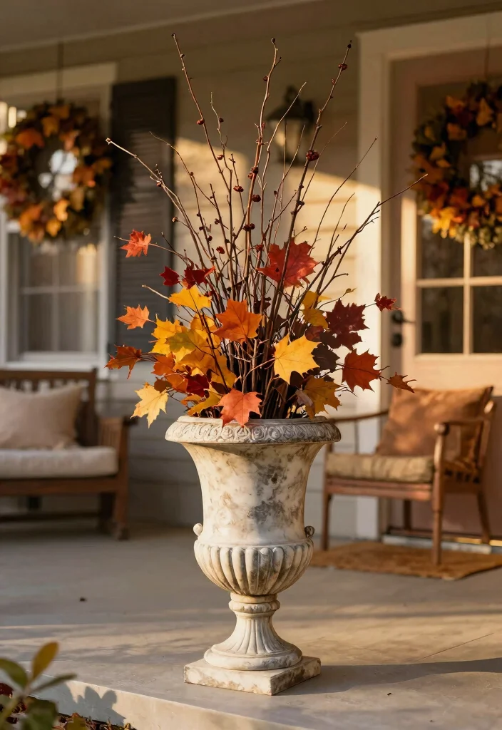 14 Fall Urns for Front Porch That Last Through First Frost - 13. Elegant Urn with Twigs and Fall Leaves 1