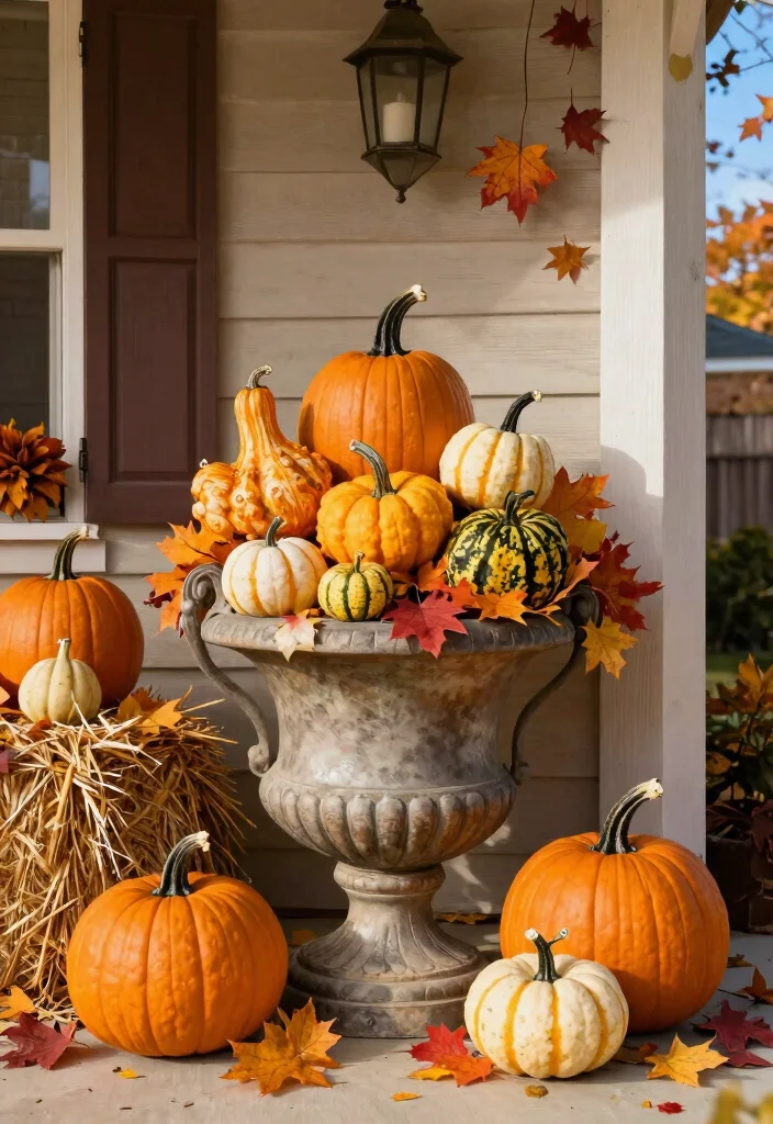 14 Fall Urns for Front Porch That Last Through First Frost - 14. Seasonal Urn with Pumpkins and Gourds 1