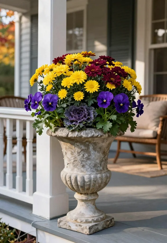 14 Fall Urns for Front Porch That Last Through First Frost - 2. Elegant Stone Urn with Seasonal Blooms 1
