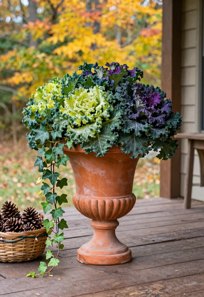 14 Fall Urns for Front Porch That Last Through First Frost - 3. Terracotta Urn with Mixed Greens and Foliage 1