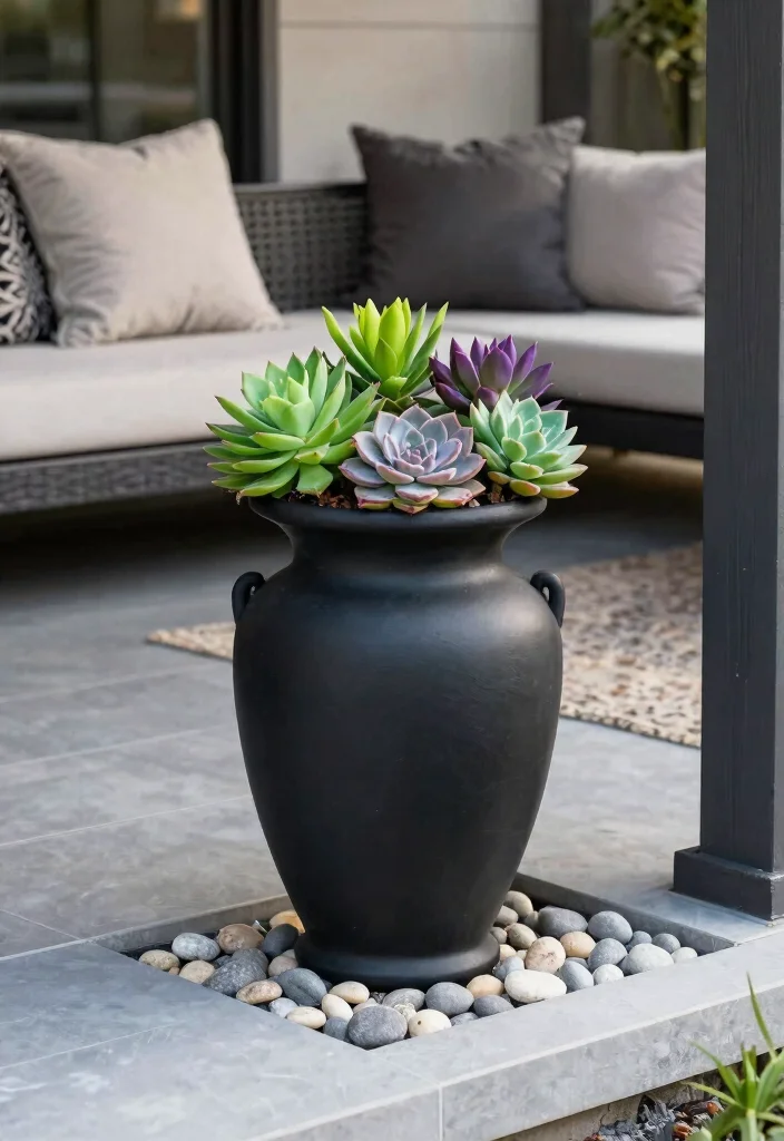 14 Fall Urns for Front Porch That Last Through First Frost - 4. Modern Minimalist Urn with Succulents 1