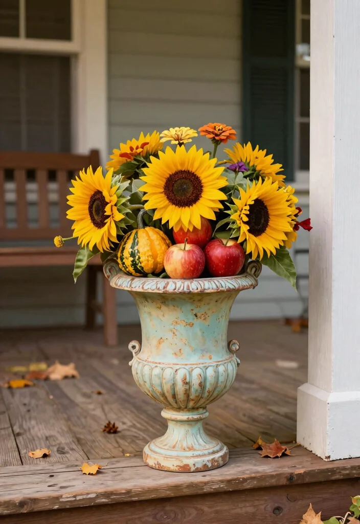 14 Fall Urns for Front Porch That Last Through First Frost - 5. Vintage Urn with Seasonal Fruits and Flowers 1