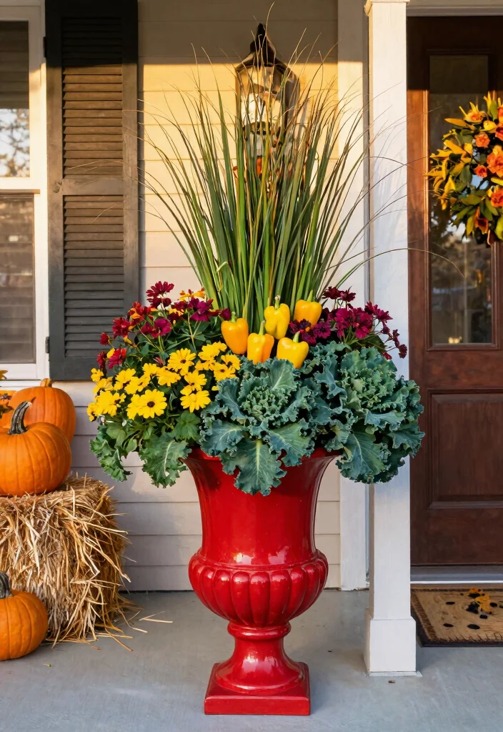 14 Fall Urns for Front Porch That Last Through First Frost - 6. Colorful Urn with Fall Harvest Plants 1