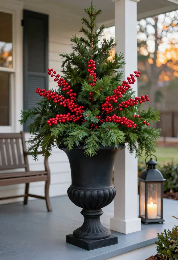14 Fall Urns for Front Porch That Last Through First Frost - 7. Classic Black Urn with Evergreens and Berries 1
