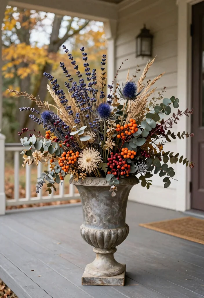 14 Fall Urns for Front Porch That Last Through First Frost - 9. Urn with Dried Flowers and Berries 1