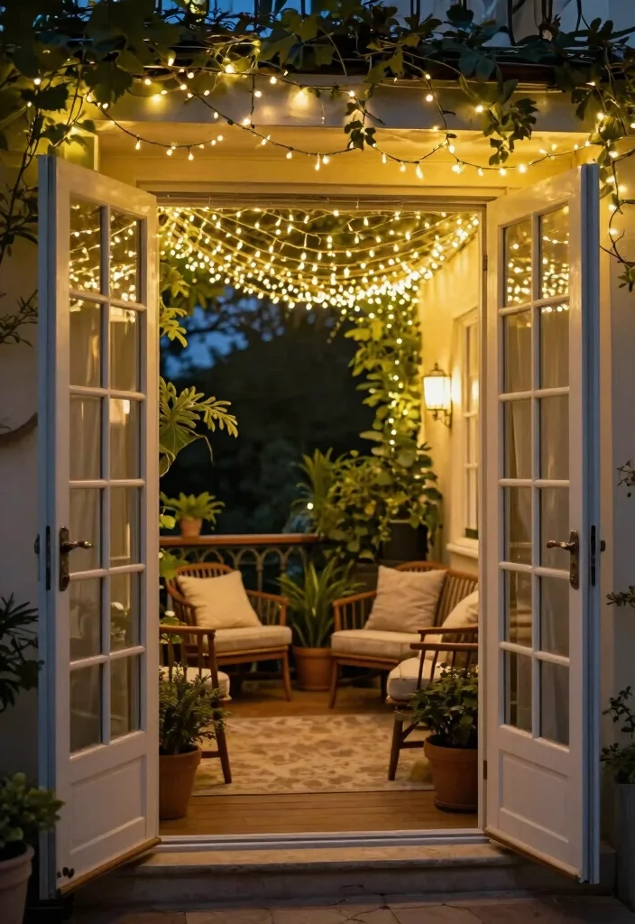 14 French Doors Patio Ideas That Let in Light Without Losing Privacy - 12. Fairy Light Canopies 1