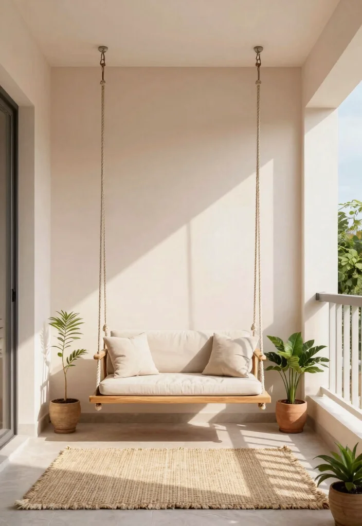 14 Jhula in Balcony Ideas That Fit Tight Spaces and Weight Limits - 1. Minimalist Hanging Swing 1
