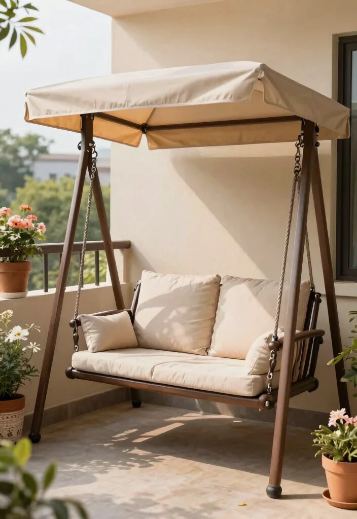 14 Jhula in Balcony Ideas That Fit Tight Spaces and Weight Limits - 11. Swing with Canopy 1
