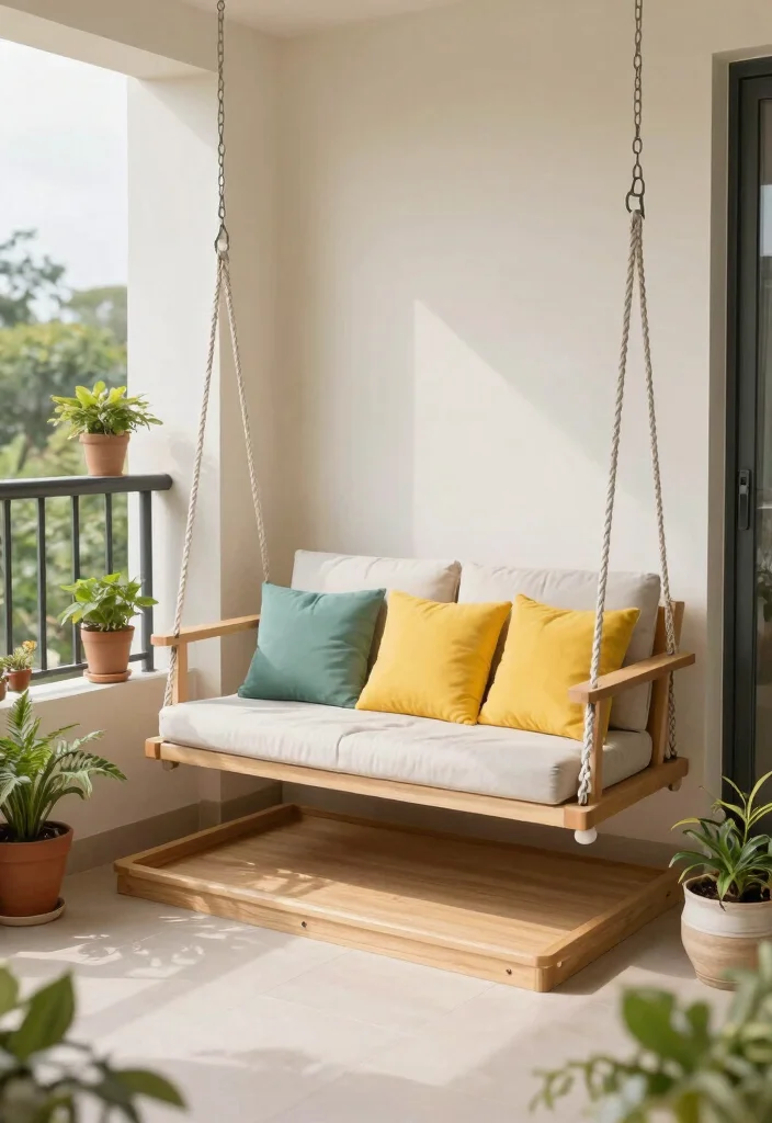14 Jhula in Balcony Ideas That Fit Tight Spaces and Weight Limits - 13. Multi-Functional Balcony Swing Storage 1