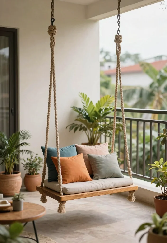 14 Jhula in Balcony Ideas That Fit Tight Spaces and Weight Limits - 7. Stylish Rope Swing 1
