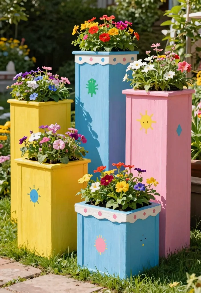 14 Tall Planter Box Ideas That Hide Bare Foundations and Utility Boxes - 4. Whimsical Painted Planters 1