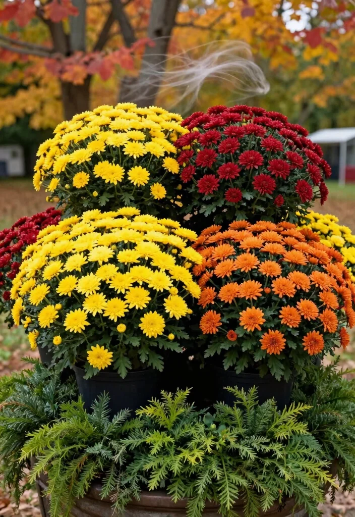 15 Fall Planter Ideas That Last Through Frost Without Replanting - 3. Mums in Brilliant Hues 1