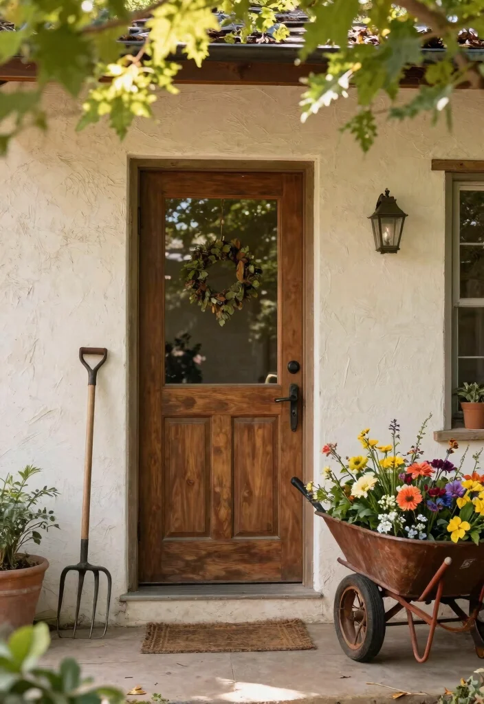 15 Farmhouse Front Door Ideas That Boost Curb Appeal on a Budget - 12. Repurposed Farm Tools 1