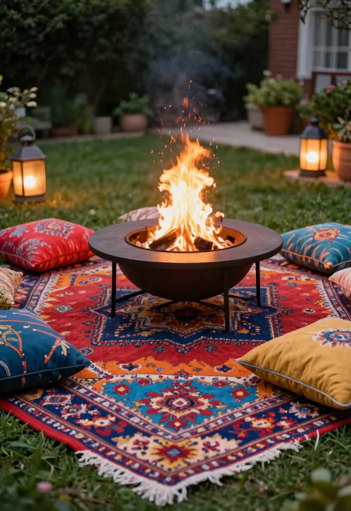 15 Fire Pit Backyard Ideas for Small Yards and Tight Budgets - 9. Circular Fire Pit with Outdoor Rug 1