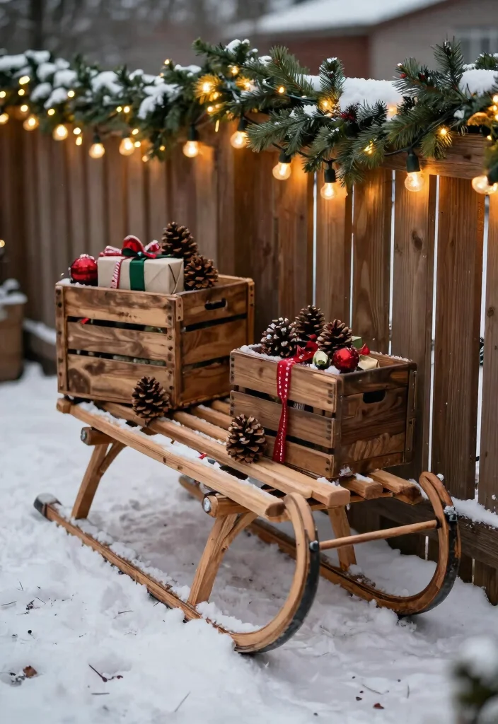 15 Simple Outdoor Christmas Decor Ideas That Set Up in Minutes - 12. Sled or Wooden Crate Displays 1