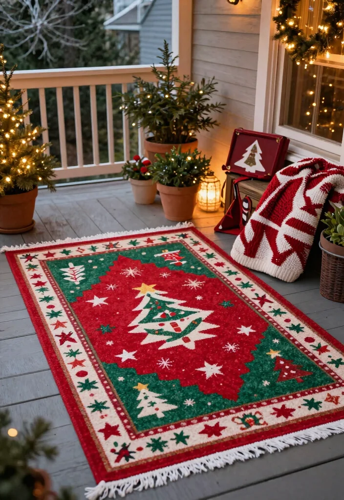 15 Simple Outdoor Christmas Decor Ideas That Set Up in Minutes - 14. Holiday-themed Outdoor Rugs 1