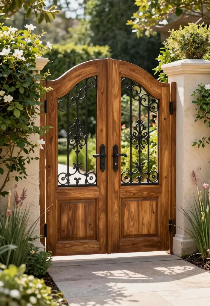 15 Wood Fence Gate Ideas That Stay Square and Don't Sag Over Time - 11. Elegant Iron-wood Combination Gate 1