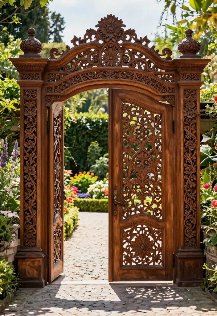 15 Wood Fence Gate Ideas That Stay Square and Don't Sag Over Time - 14. Ornate Carved Gate 1