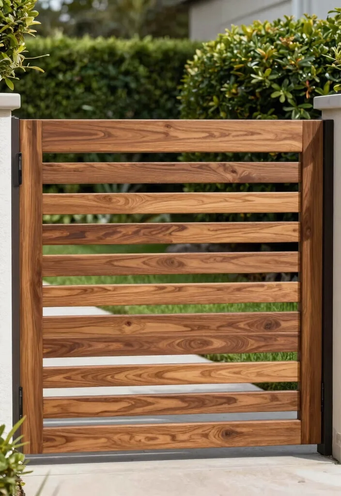 15 Wood Fence Gate Ideas That Stay Square and Don't Sag Over Time - 8. Contemporary Horizontal Slats 1