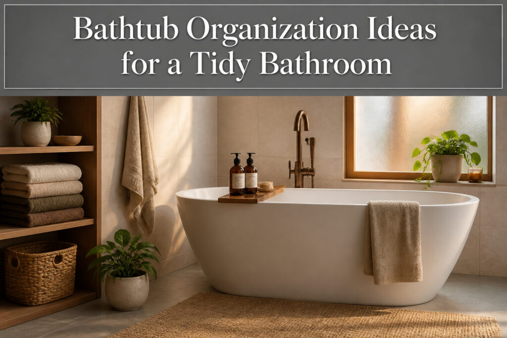 A well-organized bathroom with neatly arranged storage solutions.
