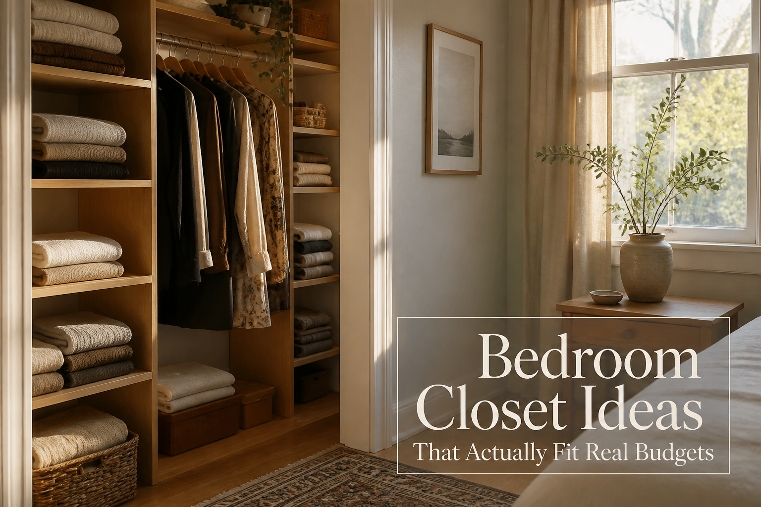 A neatly organized bedroom closet with various storage items and clothing.
