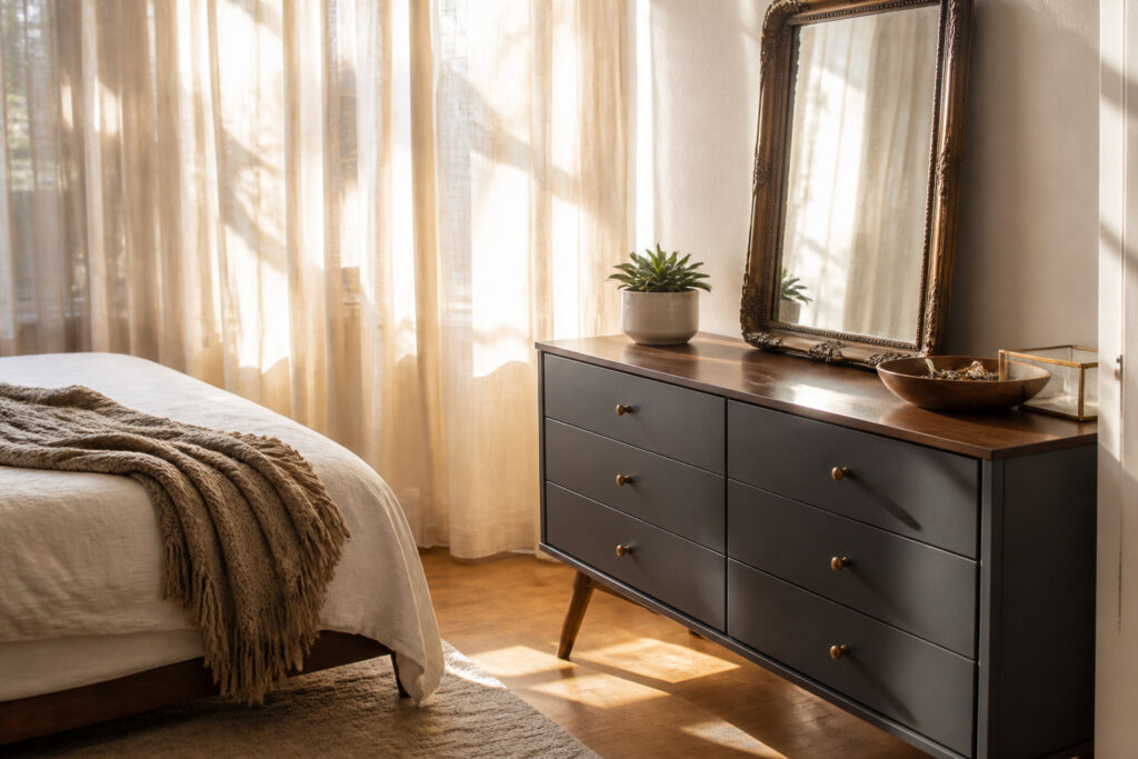 A bedroom dresser with decor items and a mirror above it.