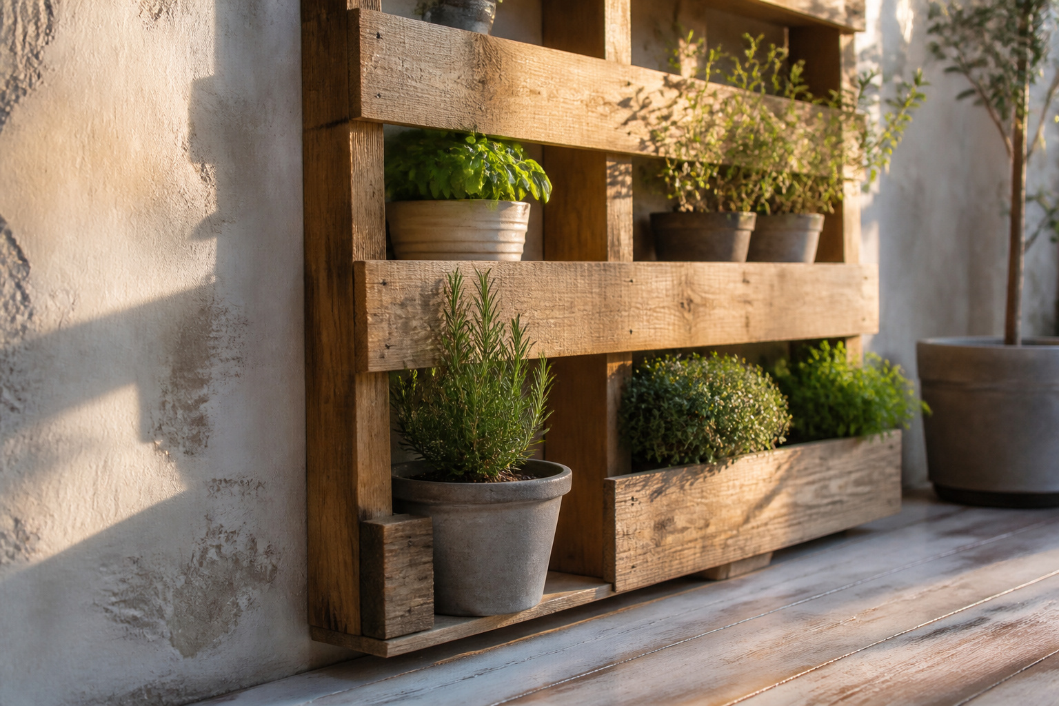 Various DIY pallet storage solutions displayed in a home setting.