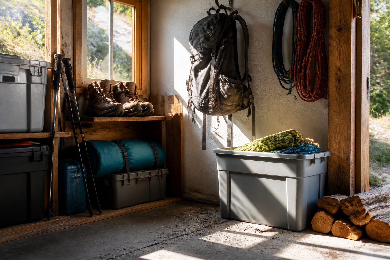 Various organized storage solutions for hiking gear in a home setting.