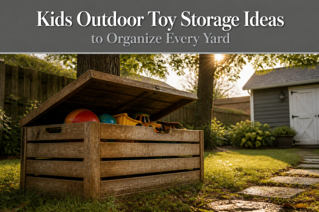 Various outdoor toy storage ideas arranged for children.