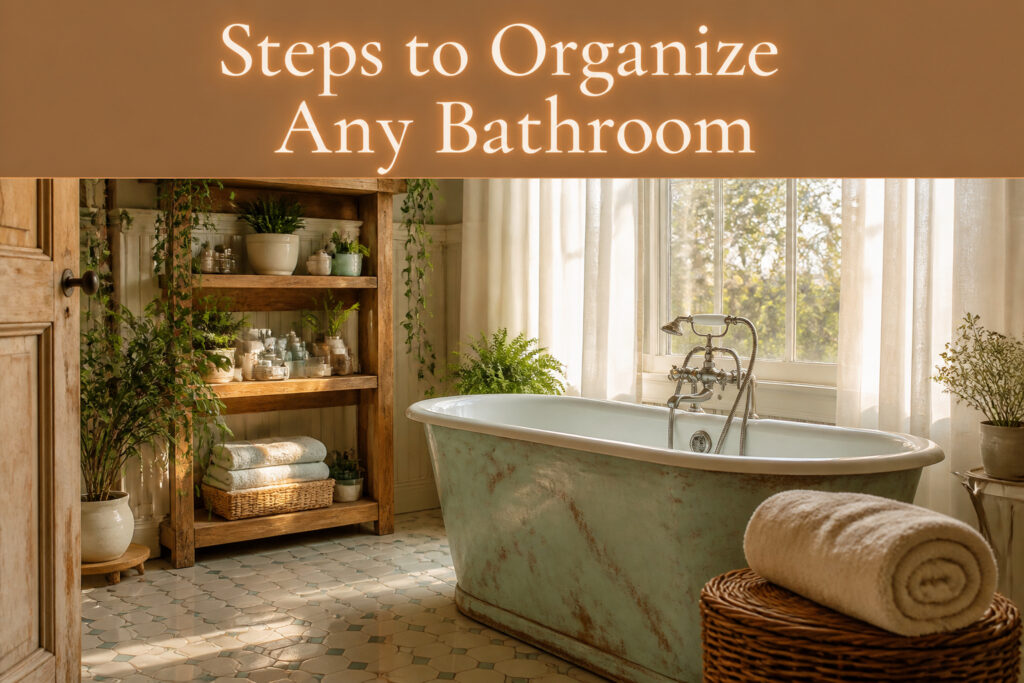 A well-organized bathroom with storage bins, shelves, and a clean countertop.