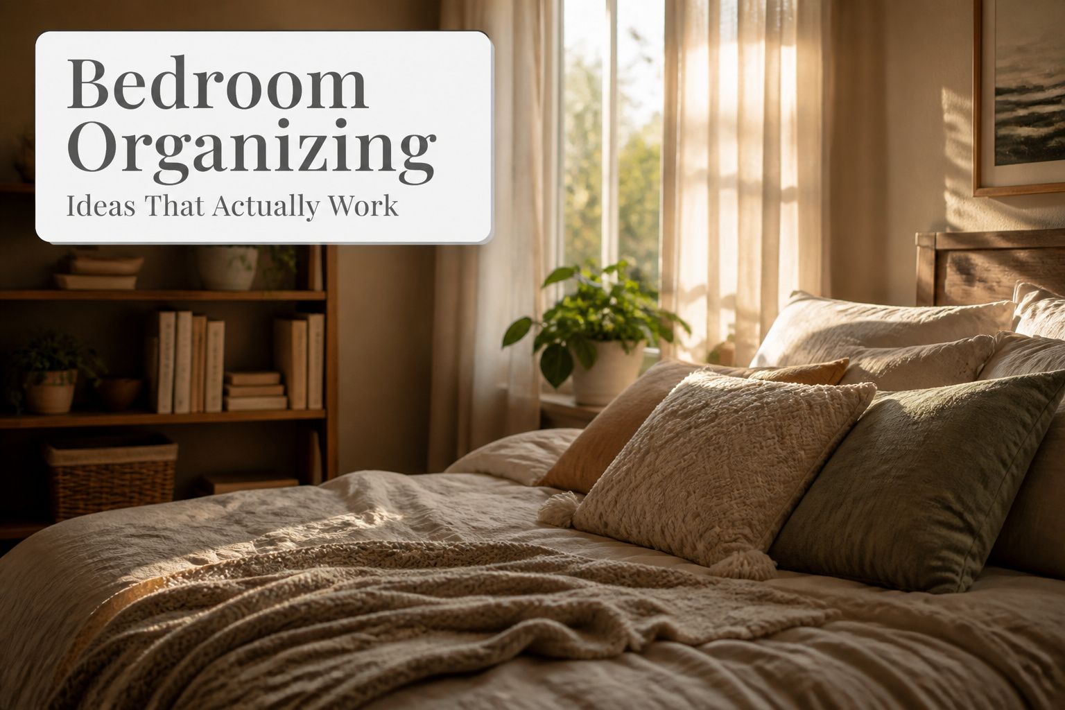 A well-organized bedroom showcasing a made bed and neat decor.