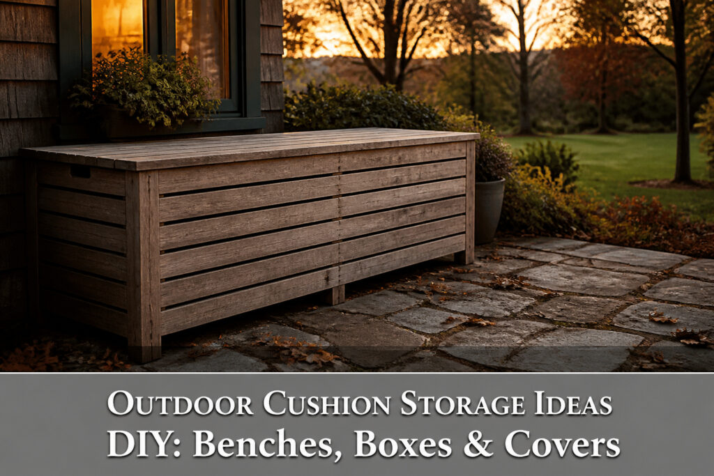 Different outdoor cushion storage ideas including benches, boxes, and covers.