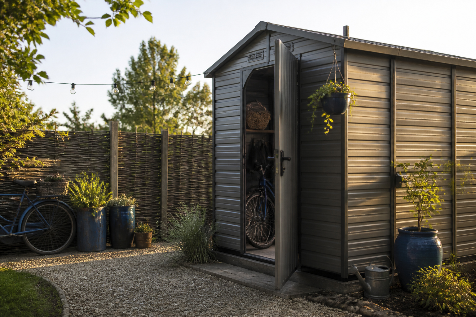Various outdoor bike storage options including sheds, racks, and covers.