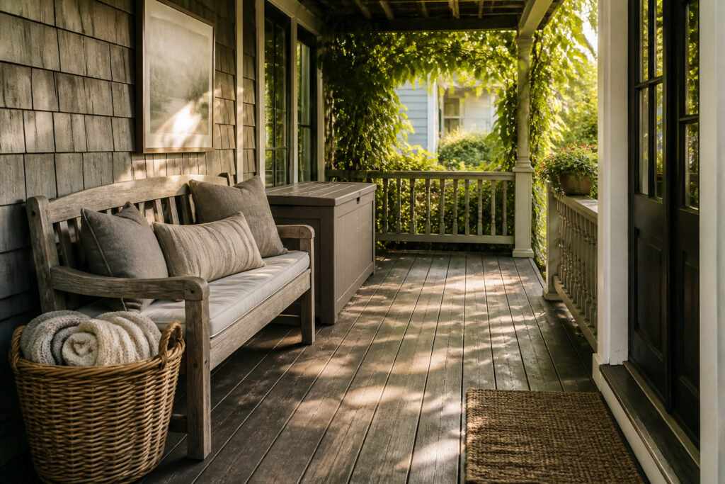 Various porch storage ideas including furniture and containers.