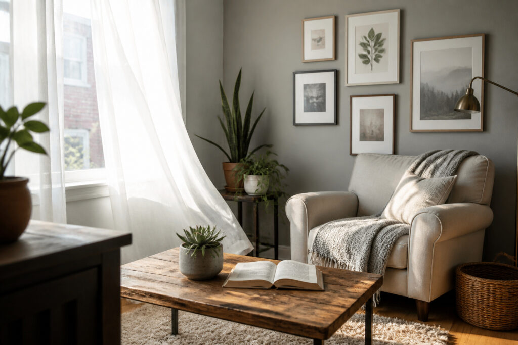 A small apartment living area featuring a storage ottoman and a lift-top coffee table.