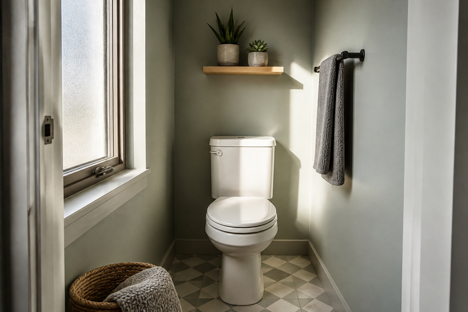 Small bathroom with vintage light fixture and sage green walls.