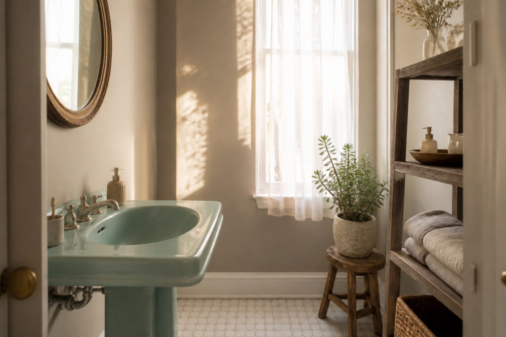 A small bathroom with various decorative elements and design ideas.