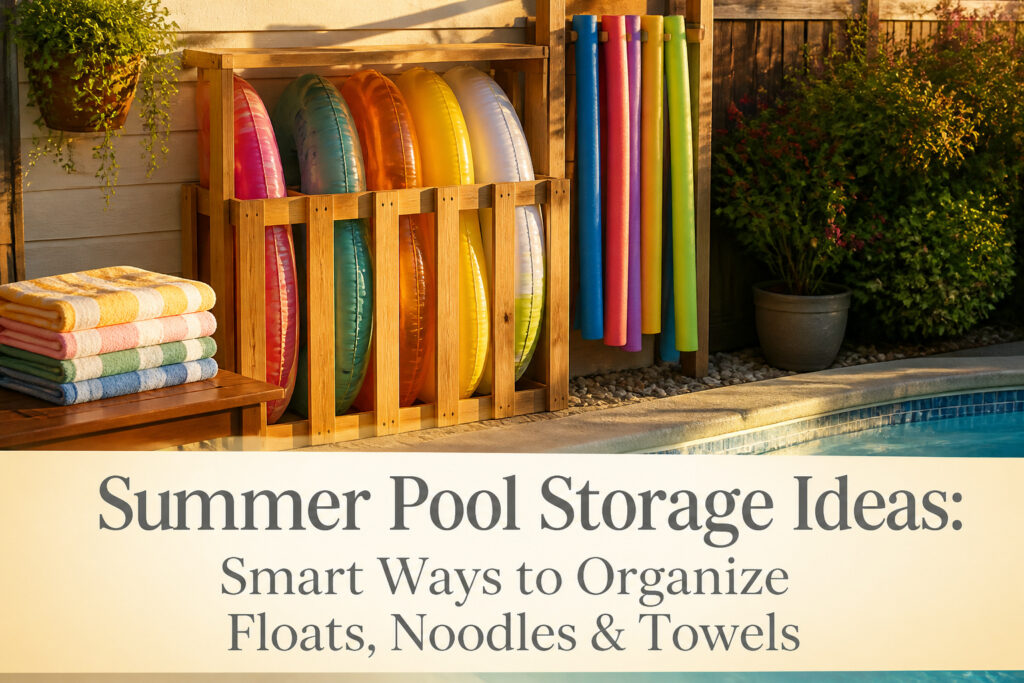 Bright pool toys, towels, and floats arranged around a swimming pool.