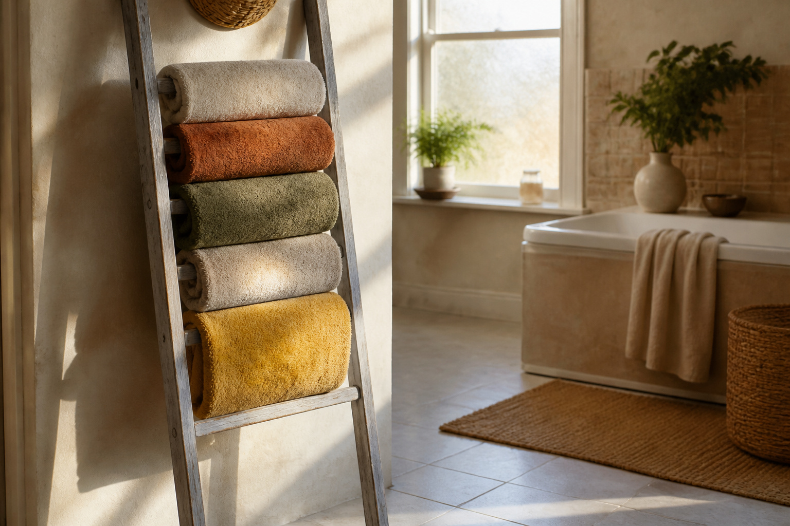 A collection of towel storage solutions displayed in a modern bathroom.