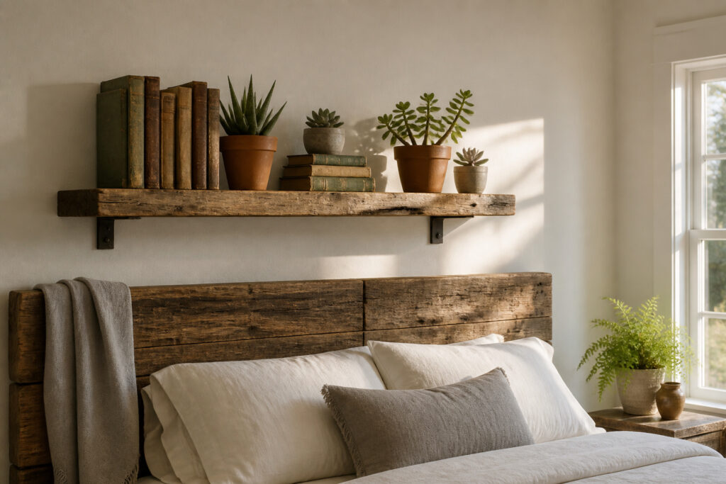 A modern bedroom featuring various wall shelf designs for storage and decoration.