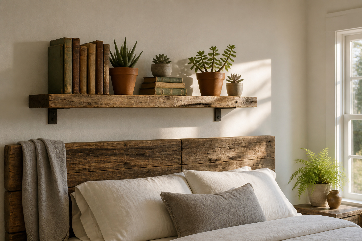 A modern bedroom featuring various wall shelf designs for storage and decoration.