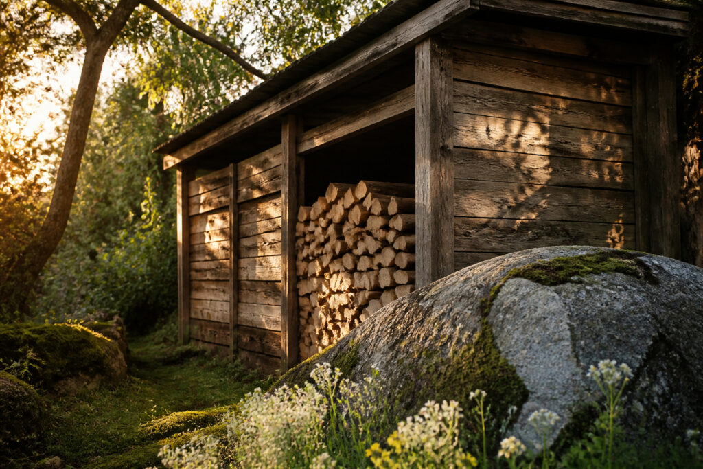 Various wood shed designs in a backyard setting.