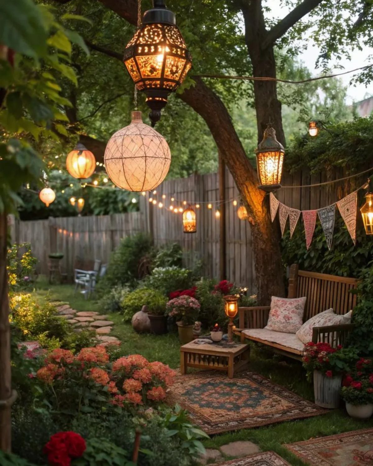 Boho patio with hanging lanterns, patterned rugs, and a wooden bench among lush greenery.
