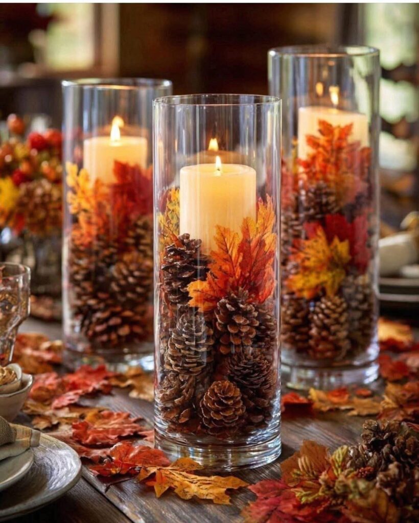 Three glass cylinder centerpieces with pinecones, autumn leaves, and lit white pillar candles.