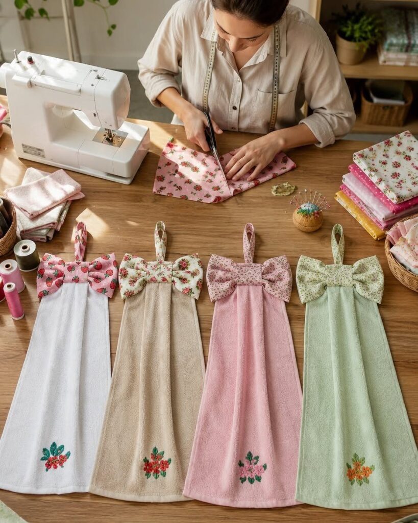 Four colorful kitchen towels with floral embroidery and bows on a sewing table