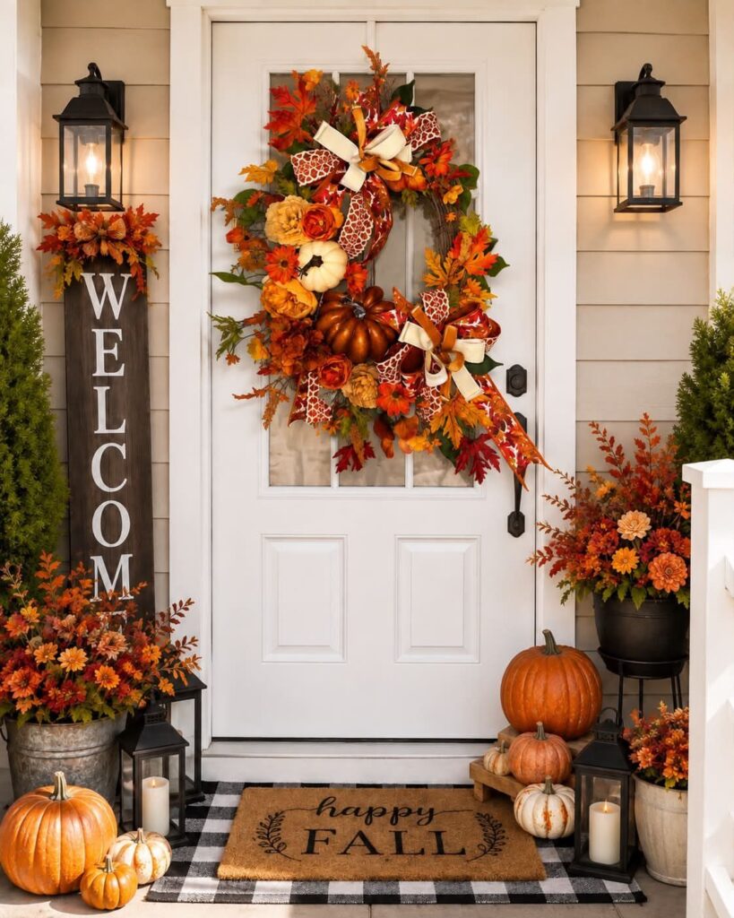 Autumn wreath with pumpkins and leaves on a white front door porch setup