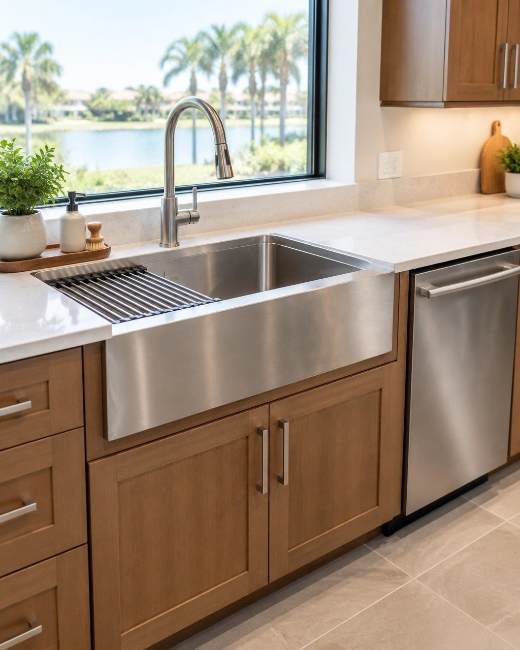 Stainless steel farmhouse sink with silver faucet and light wood kitchen cabinets.