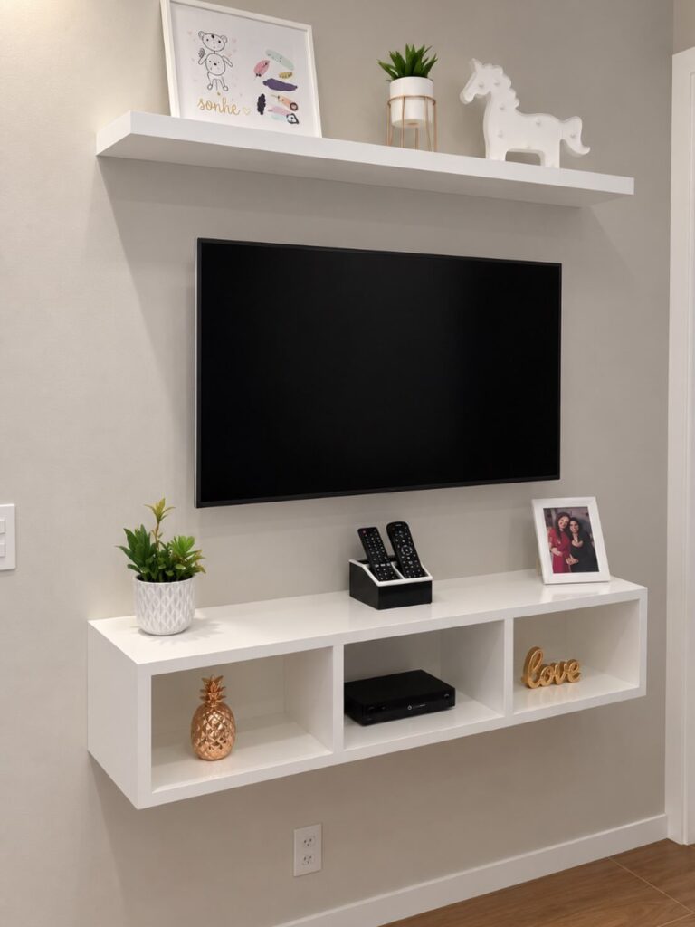White floating shelf under a wall-mounted television with decorative home accessories
